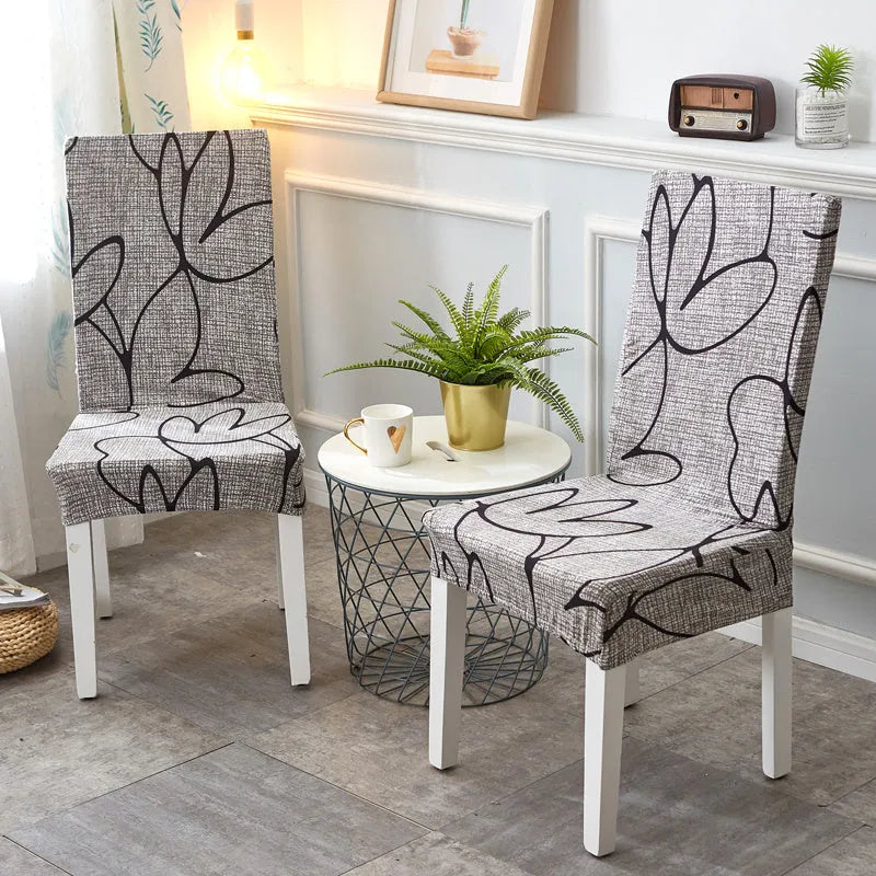 Stretch elastic chair cover on a wooden chair, showing fit for 45-60cm backrest and 40-50cm seat dimensions.