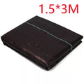 Black polyethylene composite woven weed-proof cloth showing woven texture and size options for garden weed control