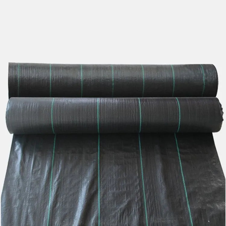 Black polyethylene composite woven weed-proof cloth showing woven texture and size options for garden weed control