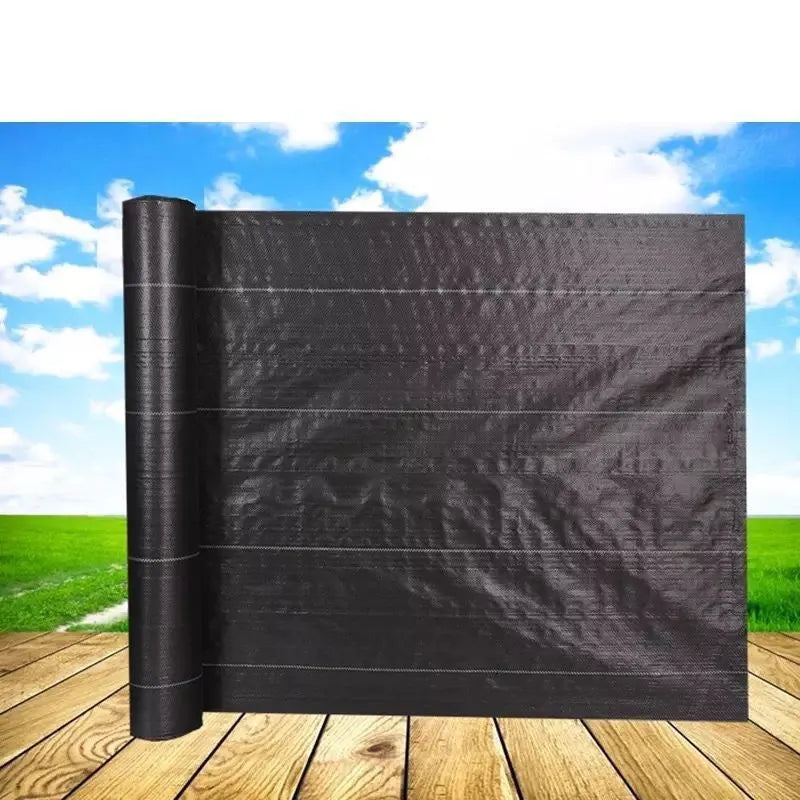 Black polyethylene composite woven weed-proof cloth showing woven texture and size options for garden weed control