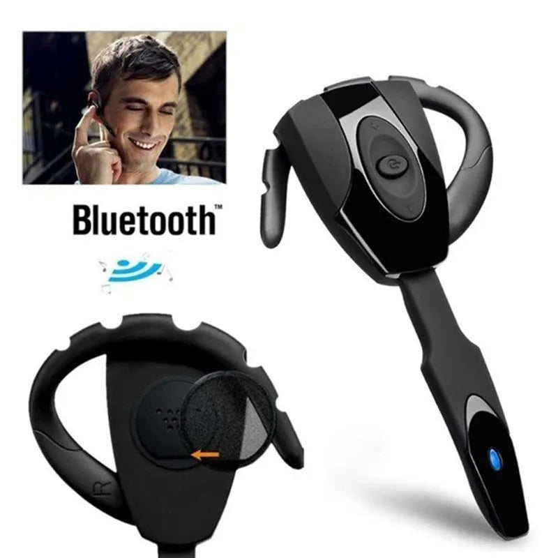 Single ear Bluetooth business headset in black hanging on a model's ear, showing its compact design.