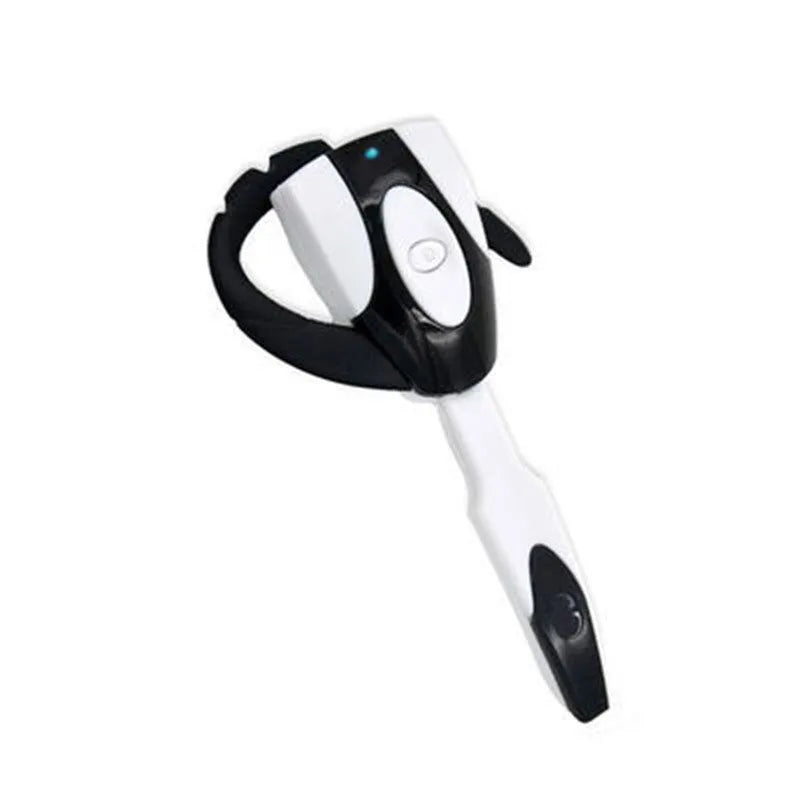 Single ear Bluetooth business headset in black hanging on a model's ear, showing its compact design.