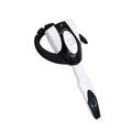 Single ear Bluetooth business headset in black hanging on a model's ear, showing its compact design.