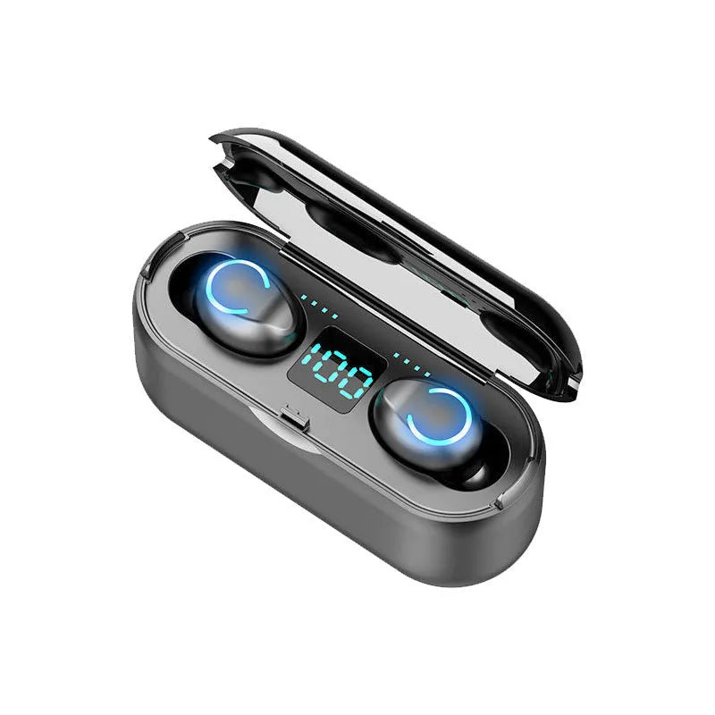 Black and white TWS Bluetooth wireless earbuds with custom logo printing options