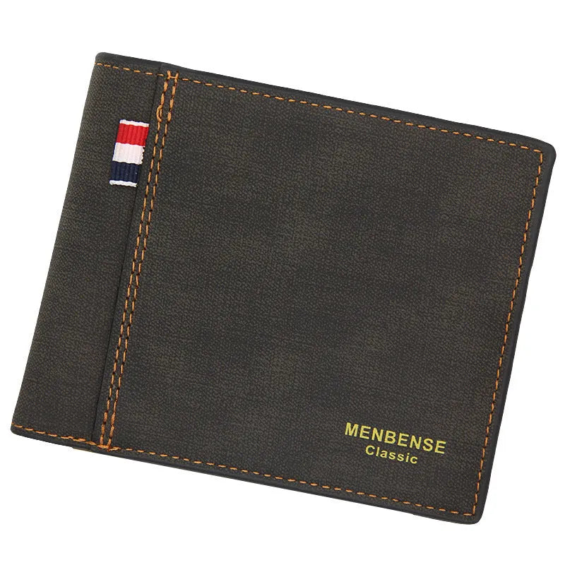 Men's tri-fold wallet in black, navy blue, dark brown, or light brown with card slots and coin pocket