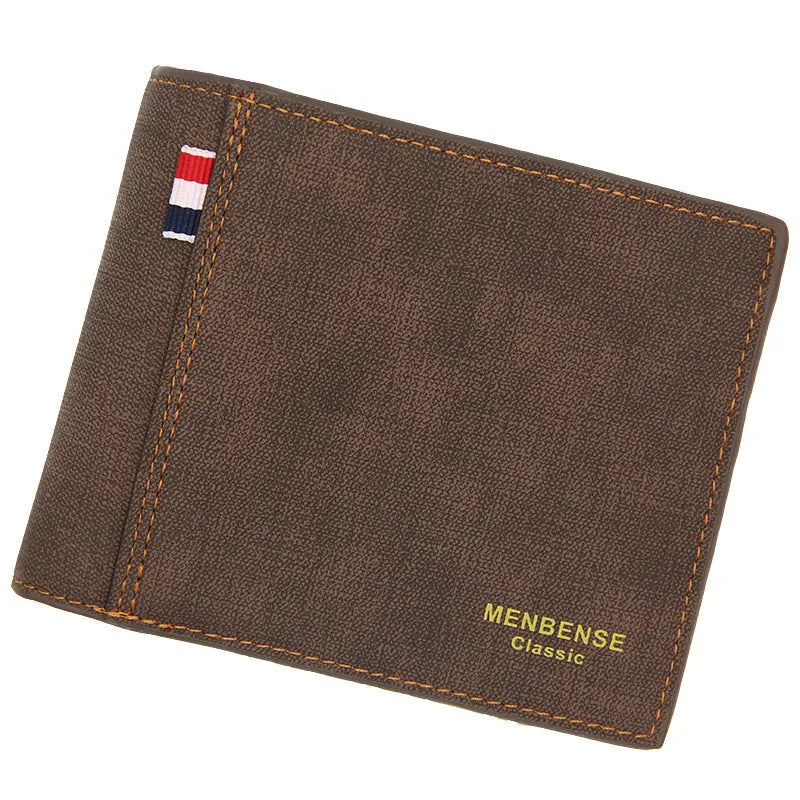 Men's tri-fold wallet in black, navy blue, dark brown, or light brown with card slots and coin pocket
