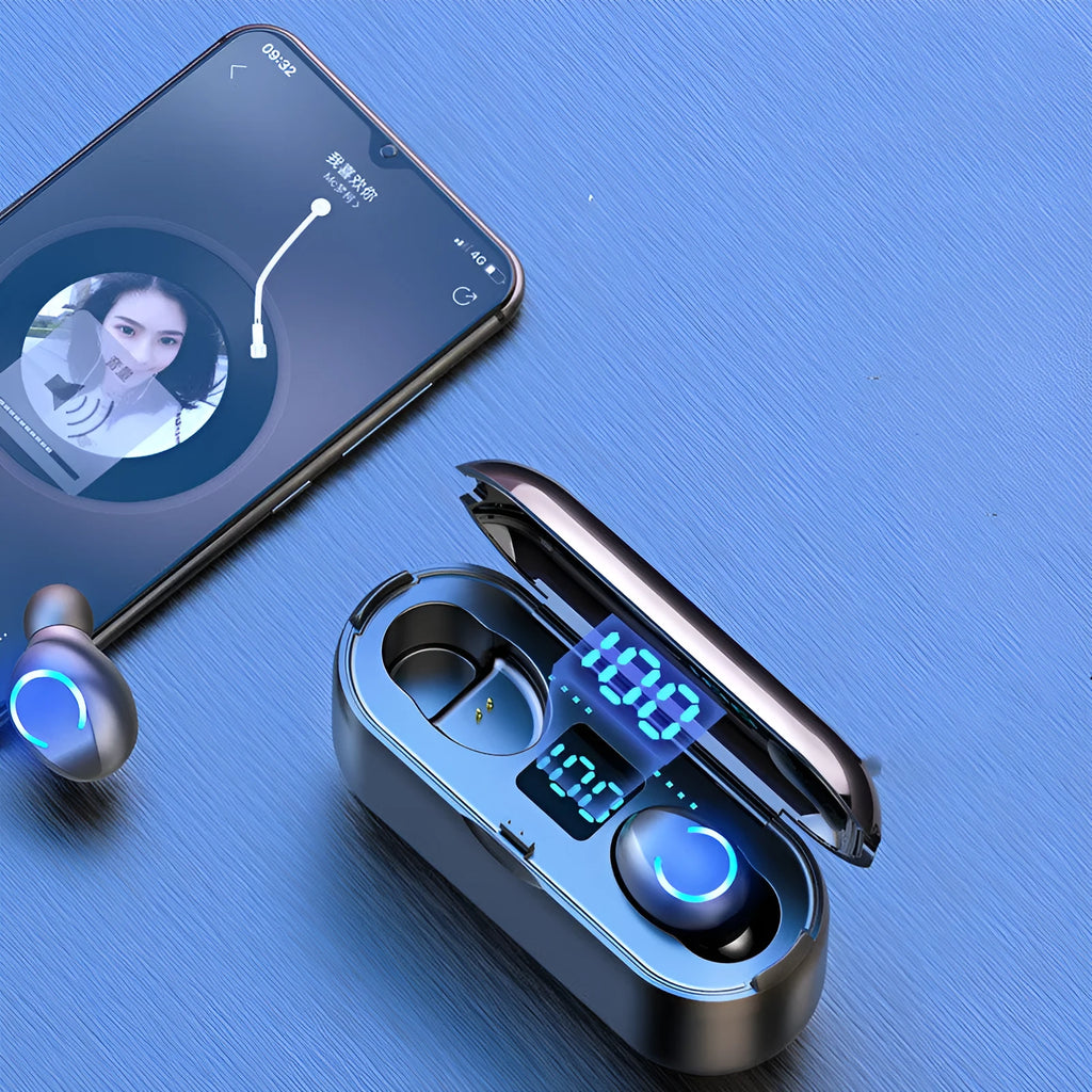 Black and white TWS Bluetooth wireless earbuds with custom logo printing options