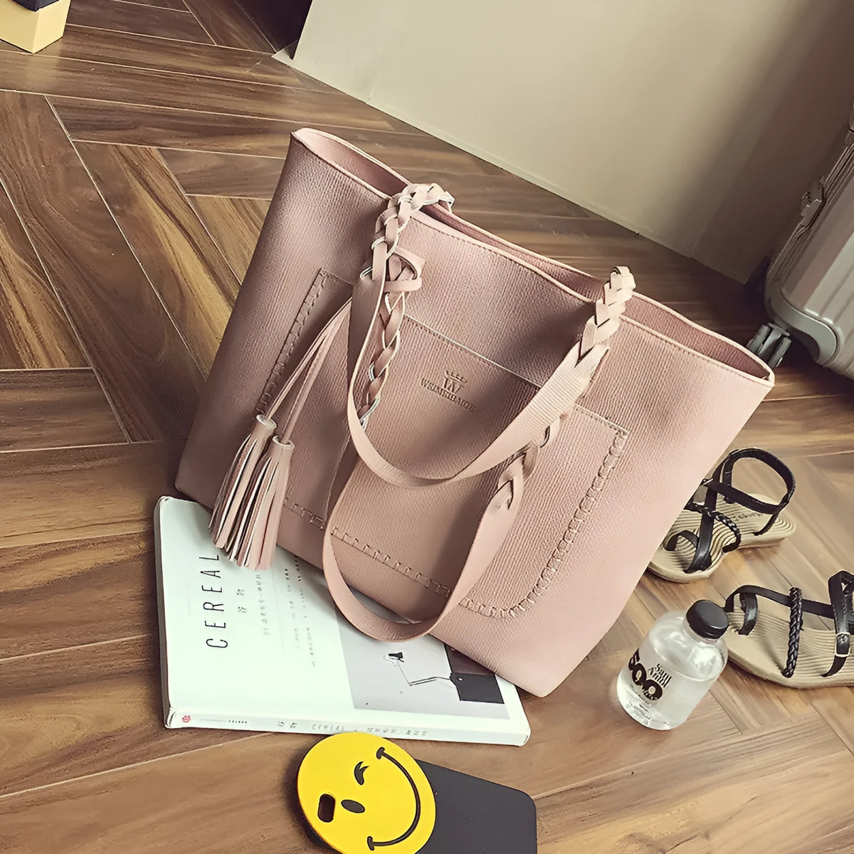 Women's tote shoulder bag with horizontal square shape, soft handle, hook closure, zipper pocket, and polyester lining in green.