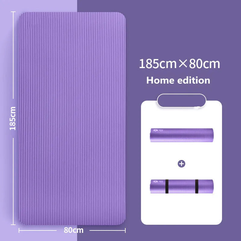 Non-slip NBR yoga mat in pink, purple, black, or lake blue with free strap, available in 10mm or 15mm thickness