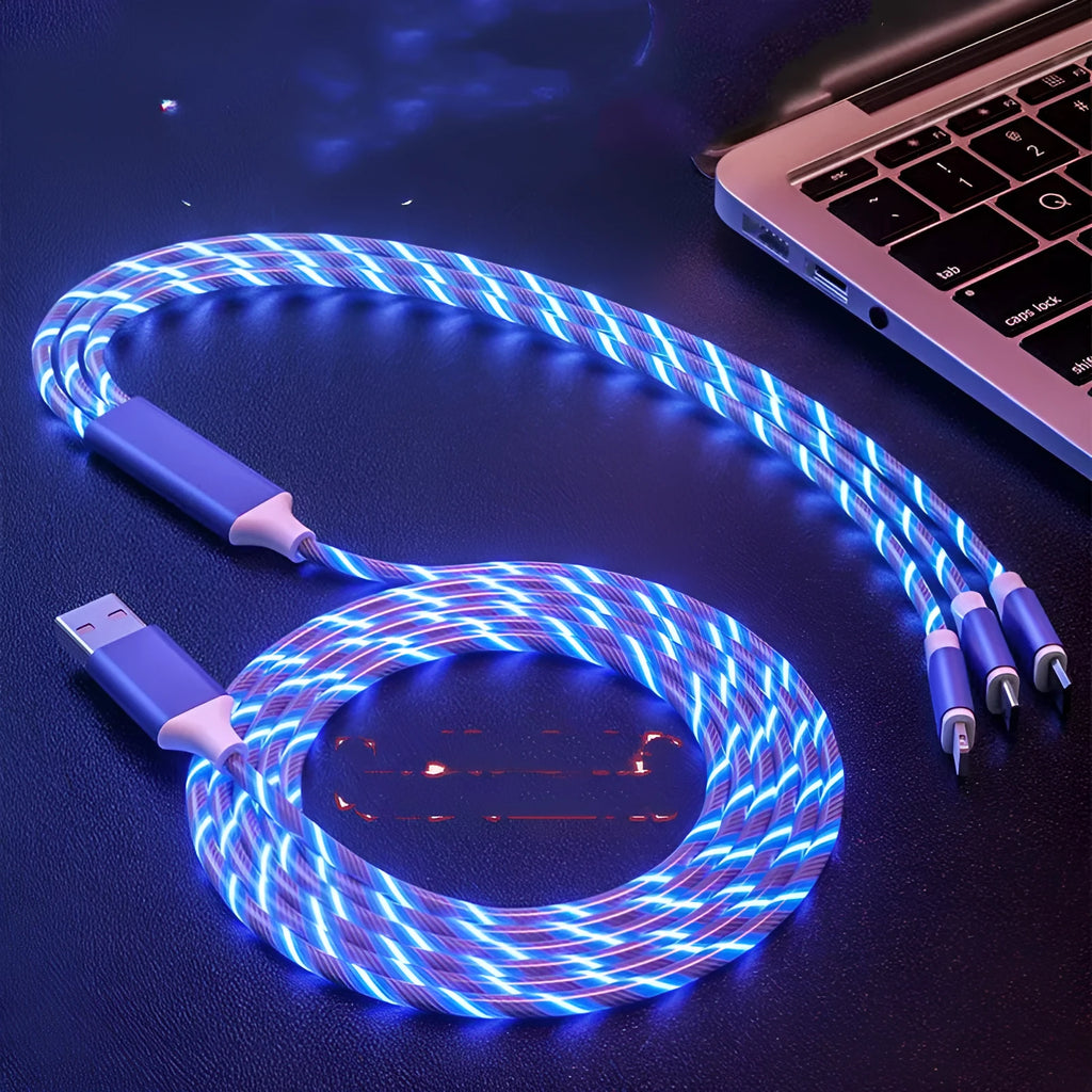 USB cable with three colourful marquee streamers and splitter for charging multiple devices