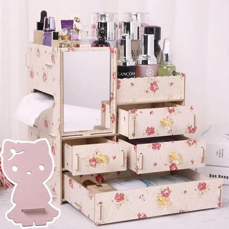 Wooden cosmetic storage box with cartoon patterns, 6 compartments, dimensions 28cm x 18cm x 12cm