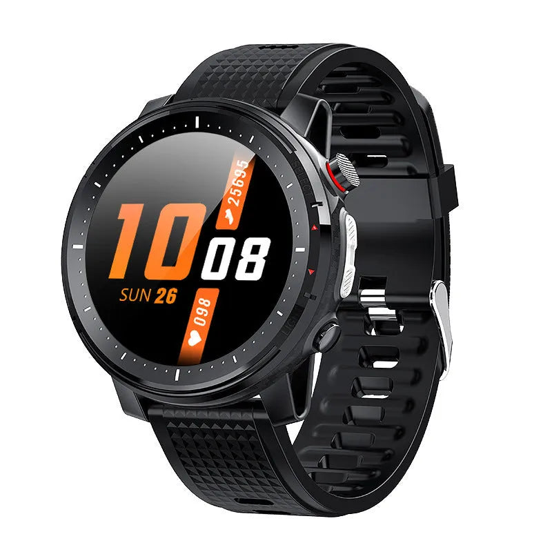 IP68 waterproof Android smartwatch with round dial, silicone strap in red or black, and 1.3-inch touchscreen