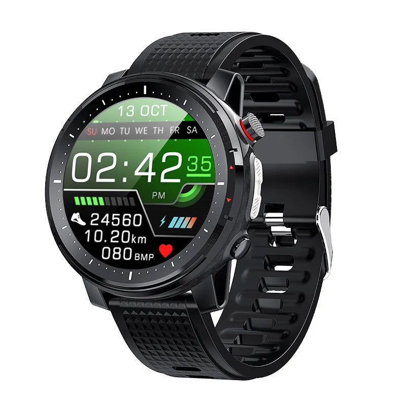 IP68 waterproof Android smartwatch with round dial, silicone strap in red or black, and 1.3-inch touchscreen