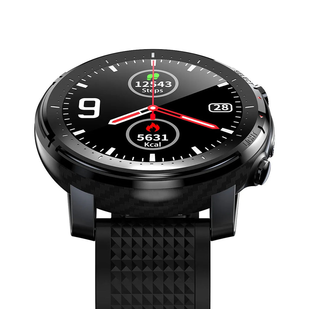 IP68 waterproof Android smartwatch with round dial, silicone strap in red or black, and 1.3-inch touchscreen