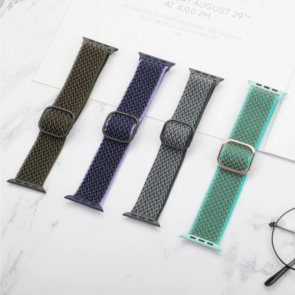 Braided nylon elastic strap for Apple Watch with wave pattern in multiple colour options showing adjustable fit