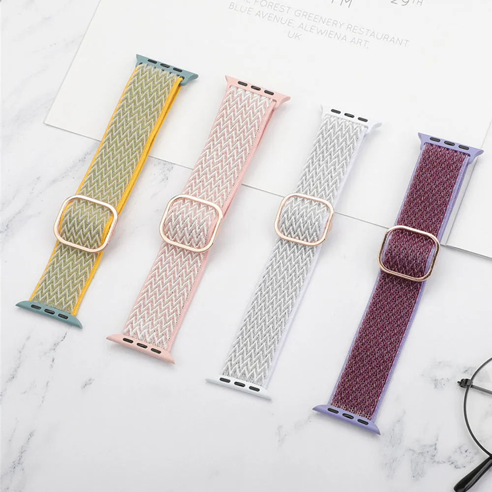 Braided nylon elastic strap for Apple Watch with wave pattern in multiple colour options showing adjustable fit