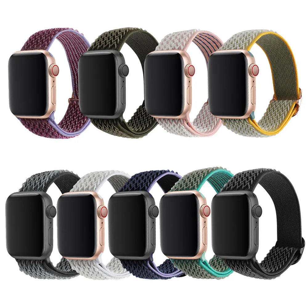 Braided nylon elastic strap for Apple Watch with wave pattern in multiple colour options showing adjustable fit
