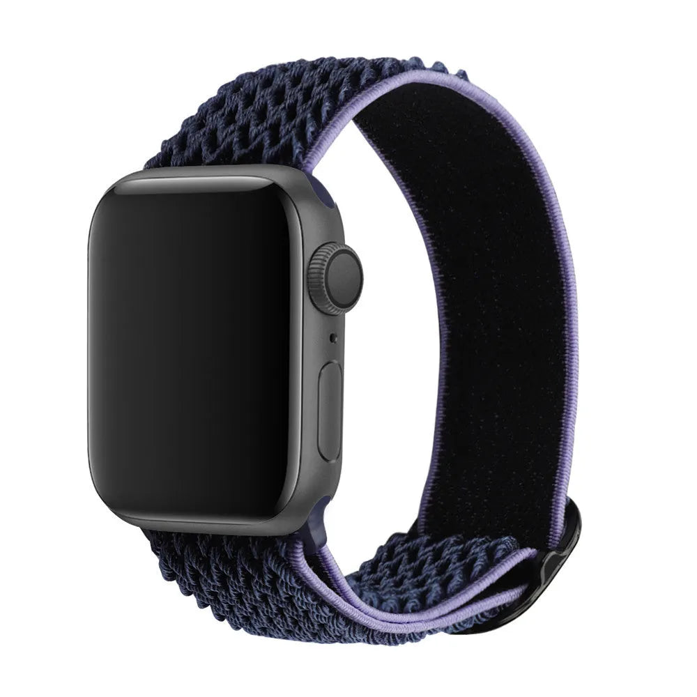 Braided nylon elastic strap for Apple Watch with wave pattern in multiple colour options showing adjustable fit