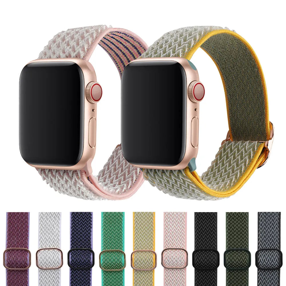Braided nylon elastic strap for Apple Watch with wave pattern in multiple colour options showing adjustable fit