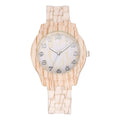 Wood grain retro quartz watch with 39mm case and silicone strap in beige, brown, grey, red, or white colours.