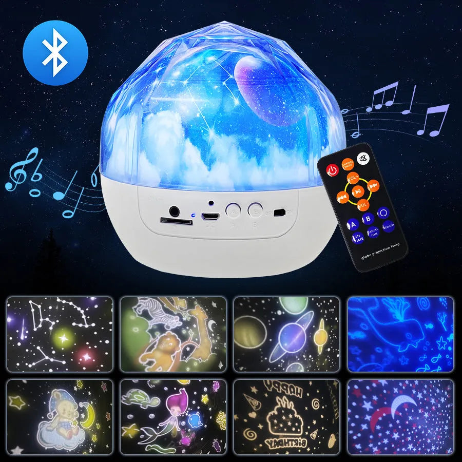 Starry sky projector lamp projecting cosmic films, compact 133 mm design with Bluetooth connectivity