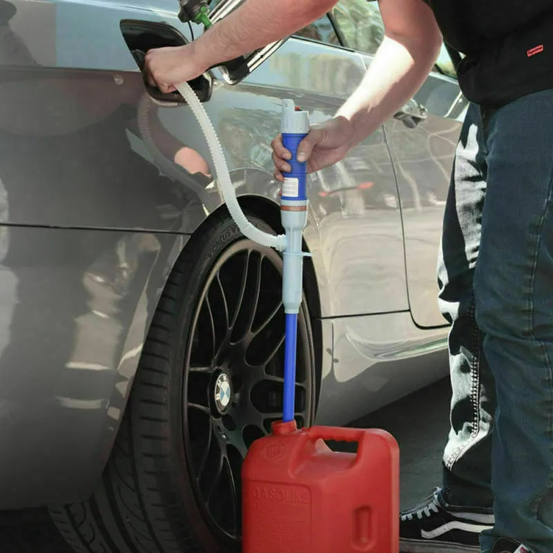 Blue or red manual siphon pump for transferring fuel, oil, and liquids, made from durable PP material