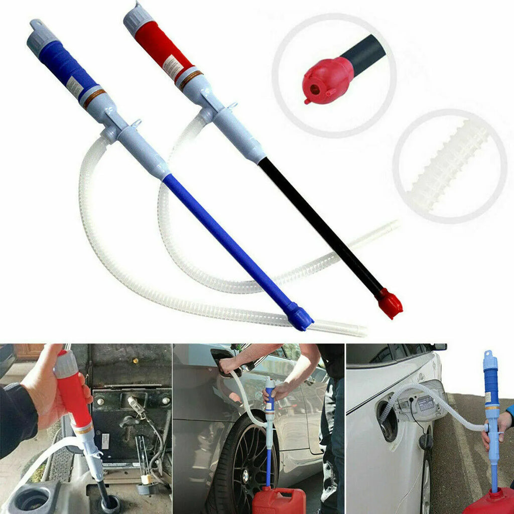 Blue or red manual siphon pump for transferring fuel, oil, and liquids, made from durable PP material