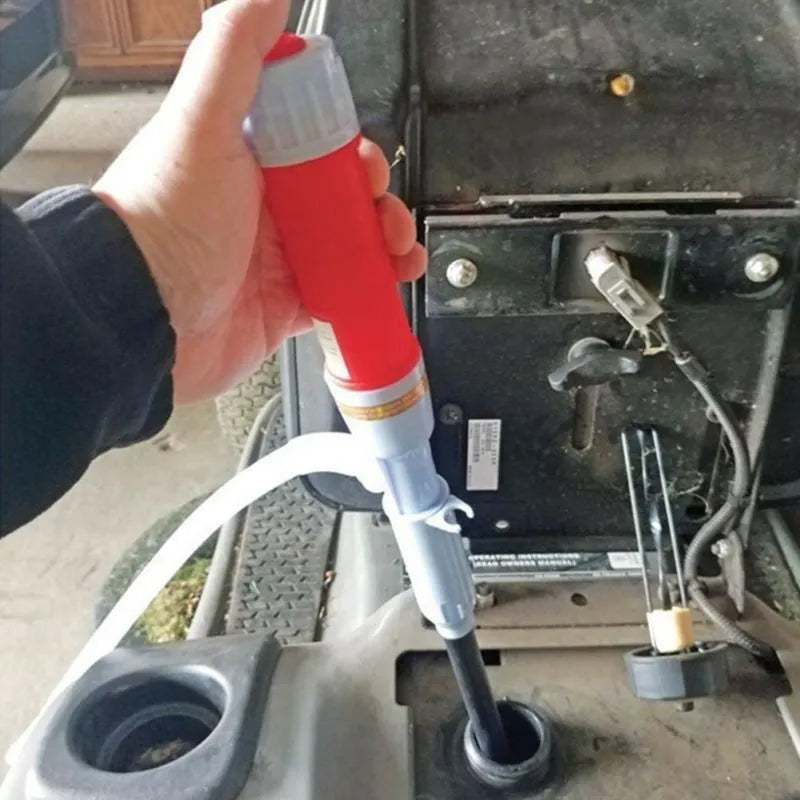 Blue or red manual siphon pump for transferring fuel, oil, and liquids, made from durable PP material