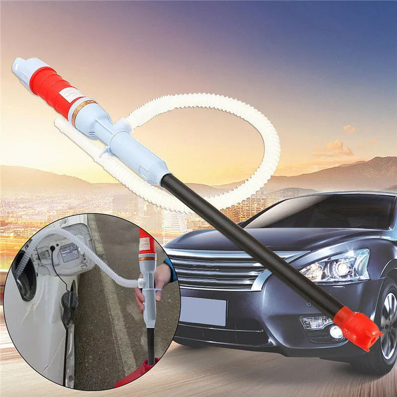 Blue or red manual siphon pump for transferring fuel, oil, and liquids, made from durable PP material