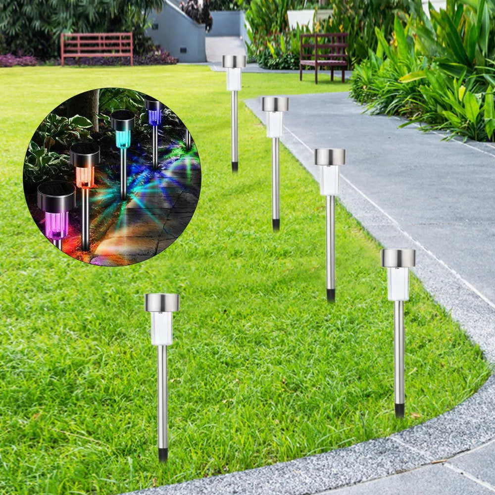 Stainless steel outdoor garden landscape light with LED illumination on a pastoral-style spike.