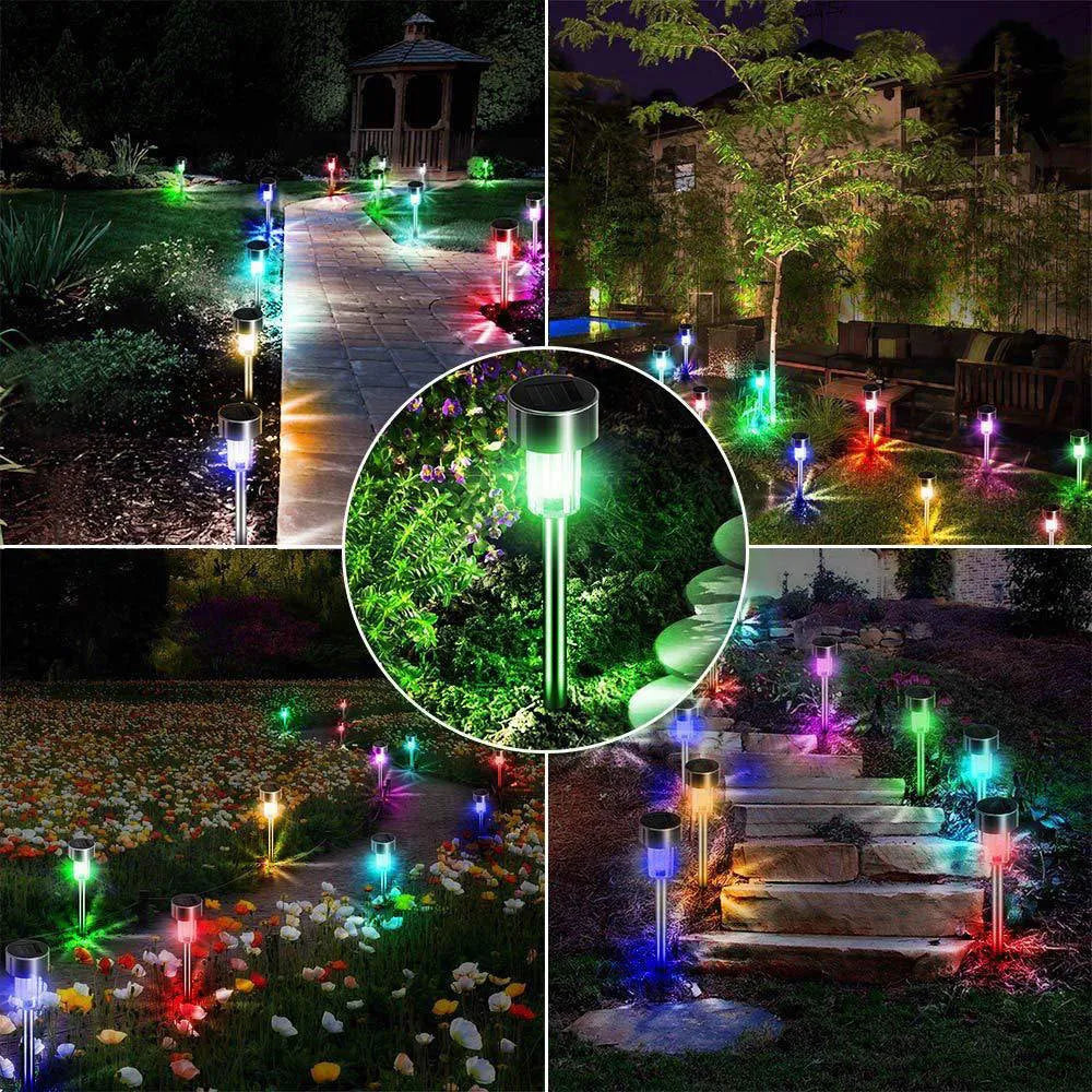 Stainless steel outdoor garden landscape light with LED illumination on a pastoral-style spike.