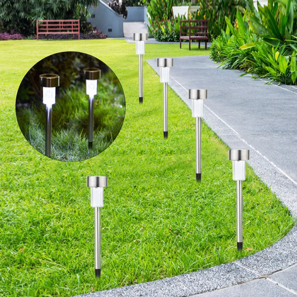 Stainless steel outdoor garden landscape light with LED illumination on a pastoral-style spike.
