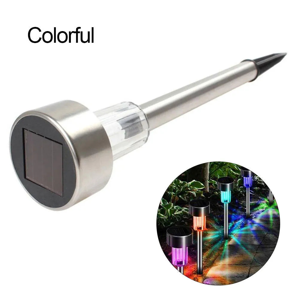 Stainless steel outdoor garden landscape light with LED illumination on a pastoral-style spike.