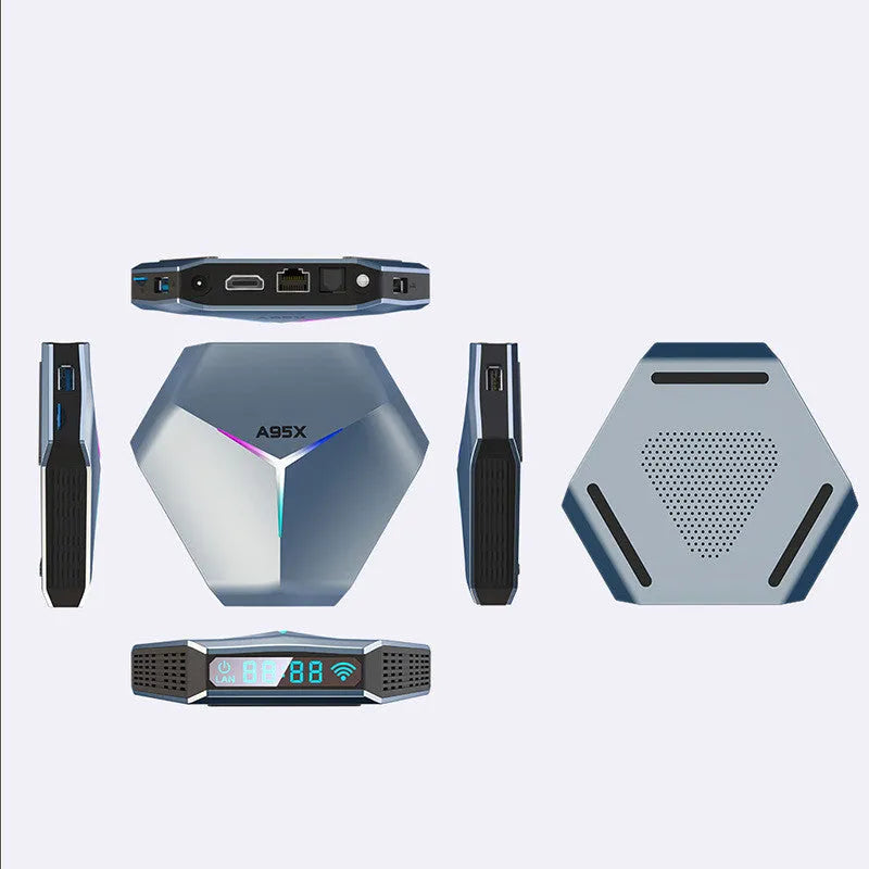 Network Player 8K TV set-top box with remote, HD cable, and power adapter on a table