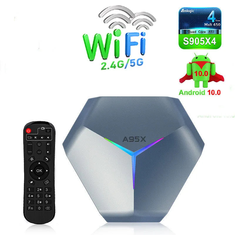 Network Player 8K TV set-top box with remote, HD cable, and power adapter on a table