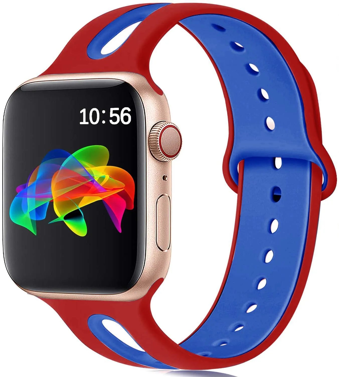 Silicone Apple Watch compatible strap showing six adjustment holes and colour options