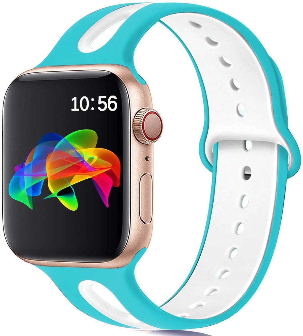 Silicone Apple Watch compatible strap showing six adjustment holes and colour options