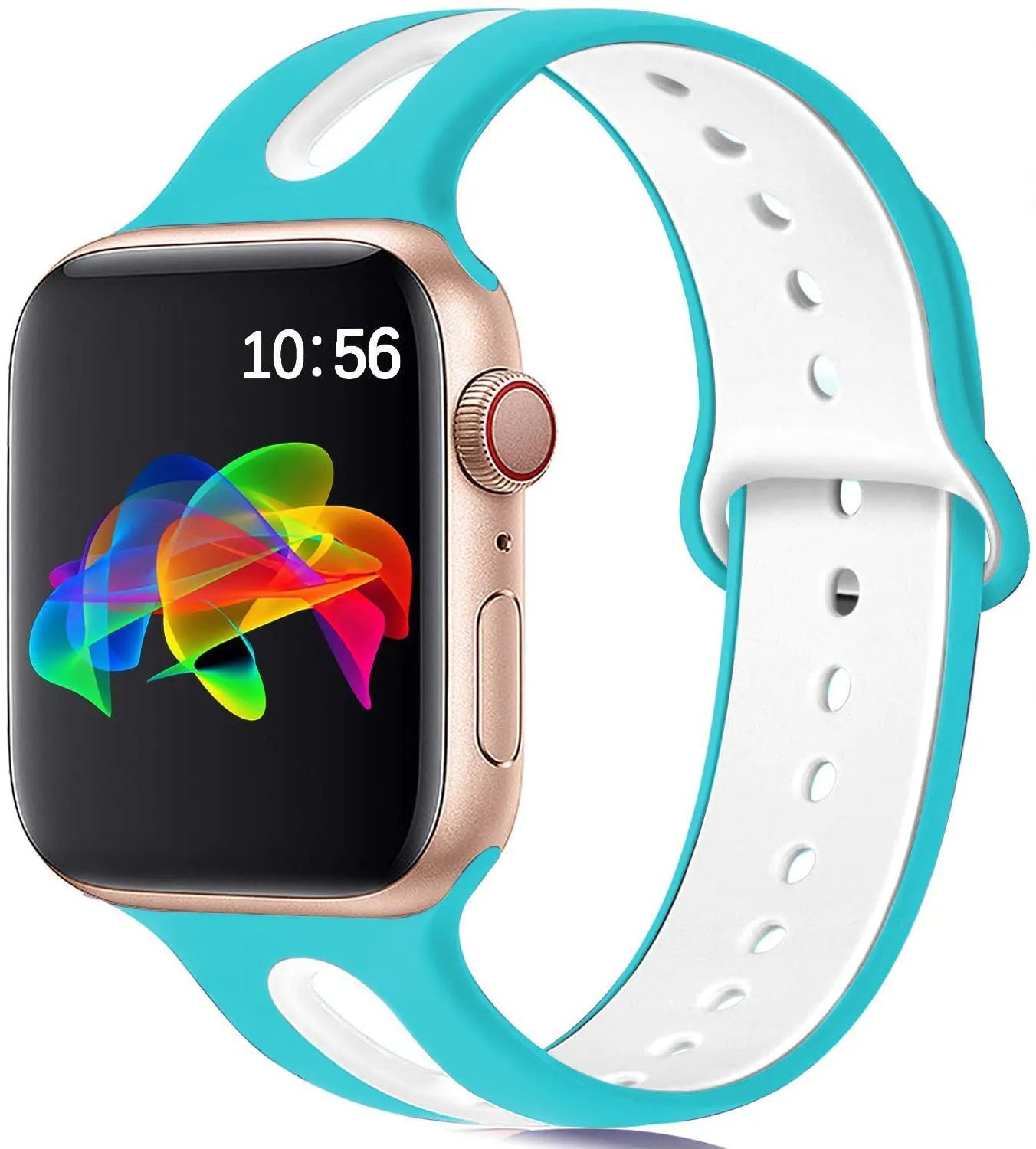 Silicone Apple Watch compatible strap showing six adjustment holes and colour options