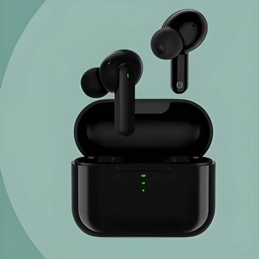 Black and white wireless Bluetooth in-ear headphones with magnetic charging case