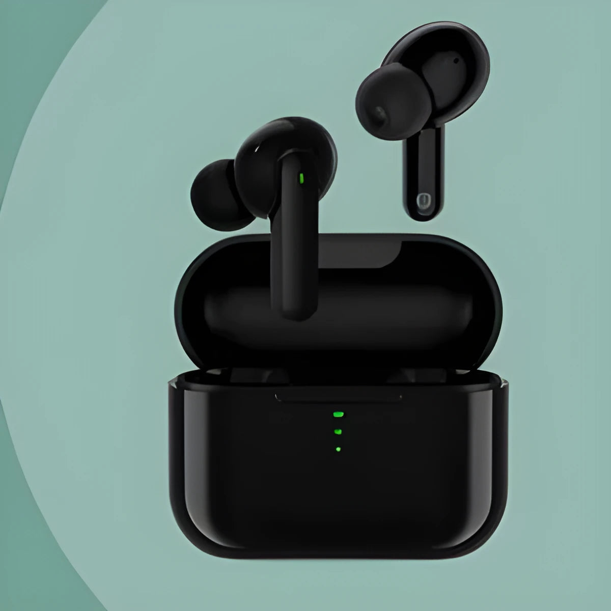 Black and white wireless Bluetooth in-ear headphones with magnetic charging case