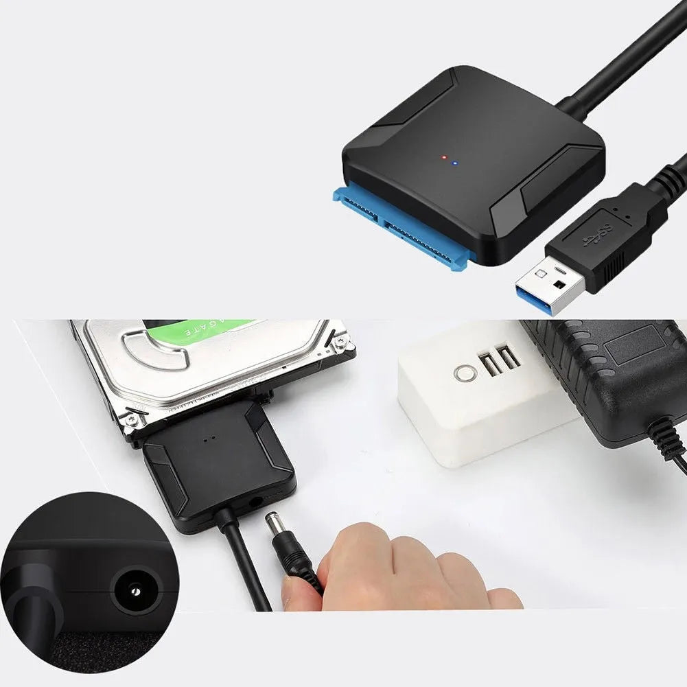 Black USB 3.0 to SATA adapter cable for connecting hard drives externally to computers