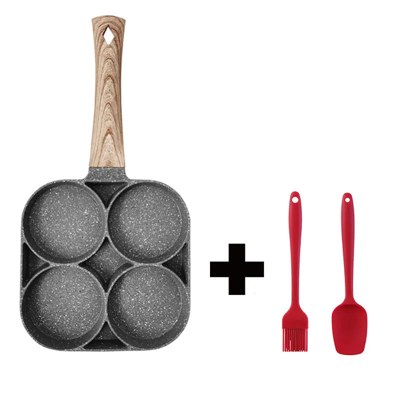Aluminium four-hole non-stick frying pan with optional silicone spatula and brush on a hob