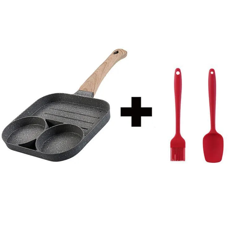 Aluminium four-hole non-stick frying pan with optional silicone spatula and brush on a hob