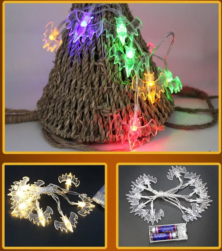 Halloween LED string lights with bat, pumpkin, and ghost pendants, waterproof for outdoor decoration