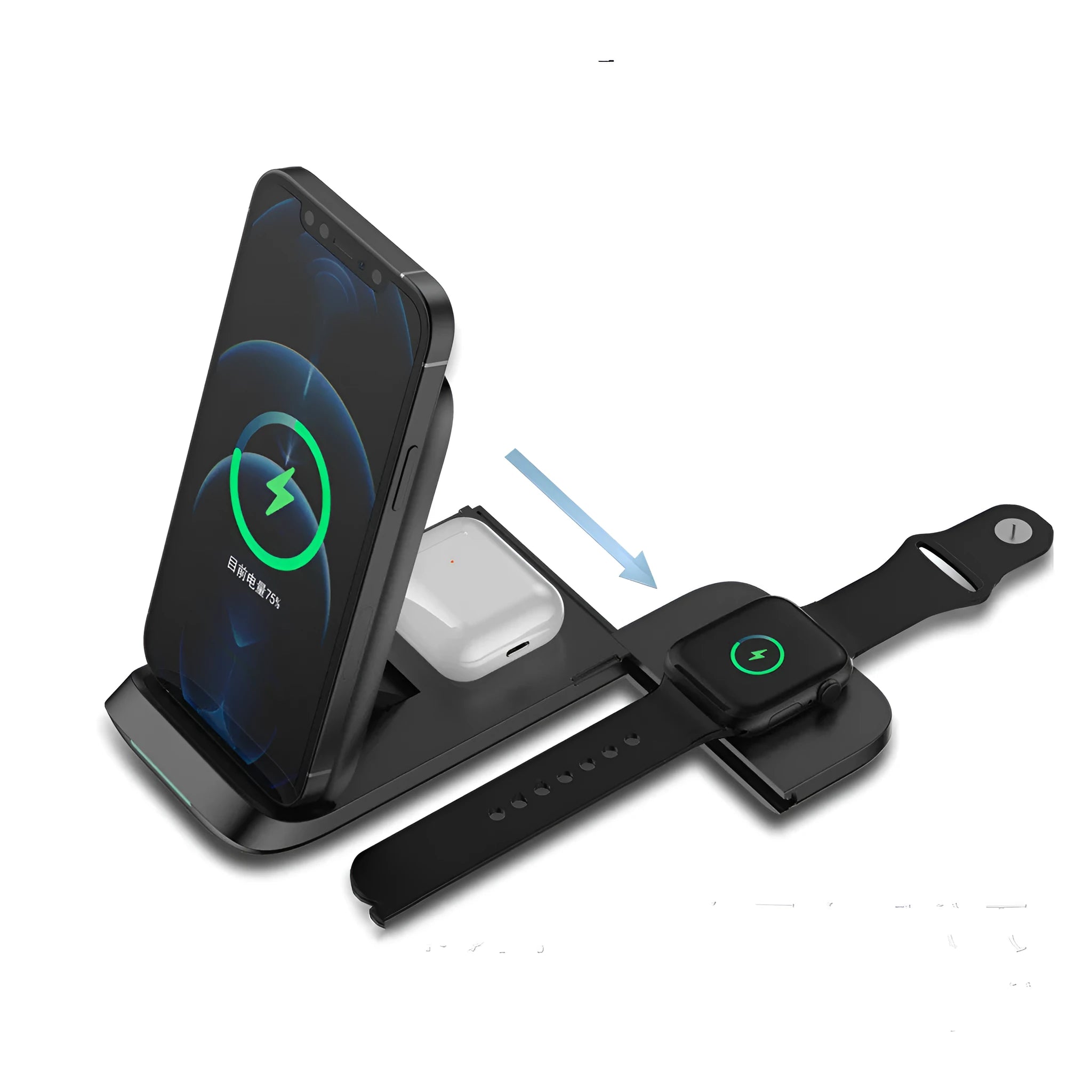 Black foldable three-in-one wireless charger open showing pads for two phones and an Apple Watch.