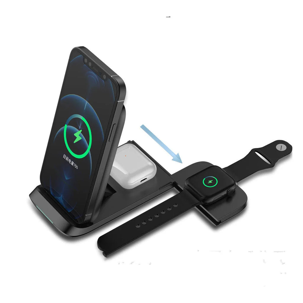 Black foldable three-in-one wireless charger open showing pads for two phones and an Apple Watch.