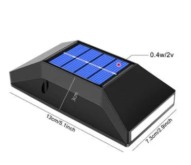 Solar-powered outdoor wall light with six LEDs measuring 130mm by 73mm
