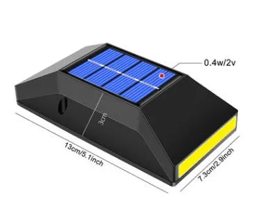 Solar-powered outdoor wall light with six LEDs measuring 130mm by 73mm