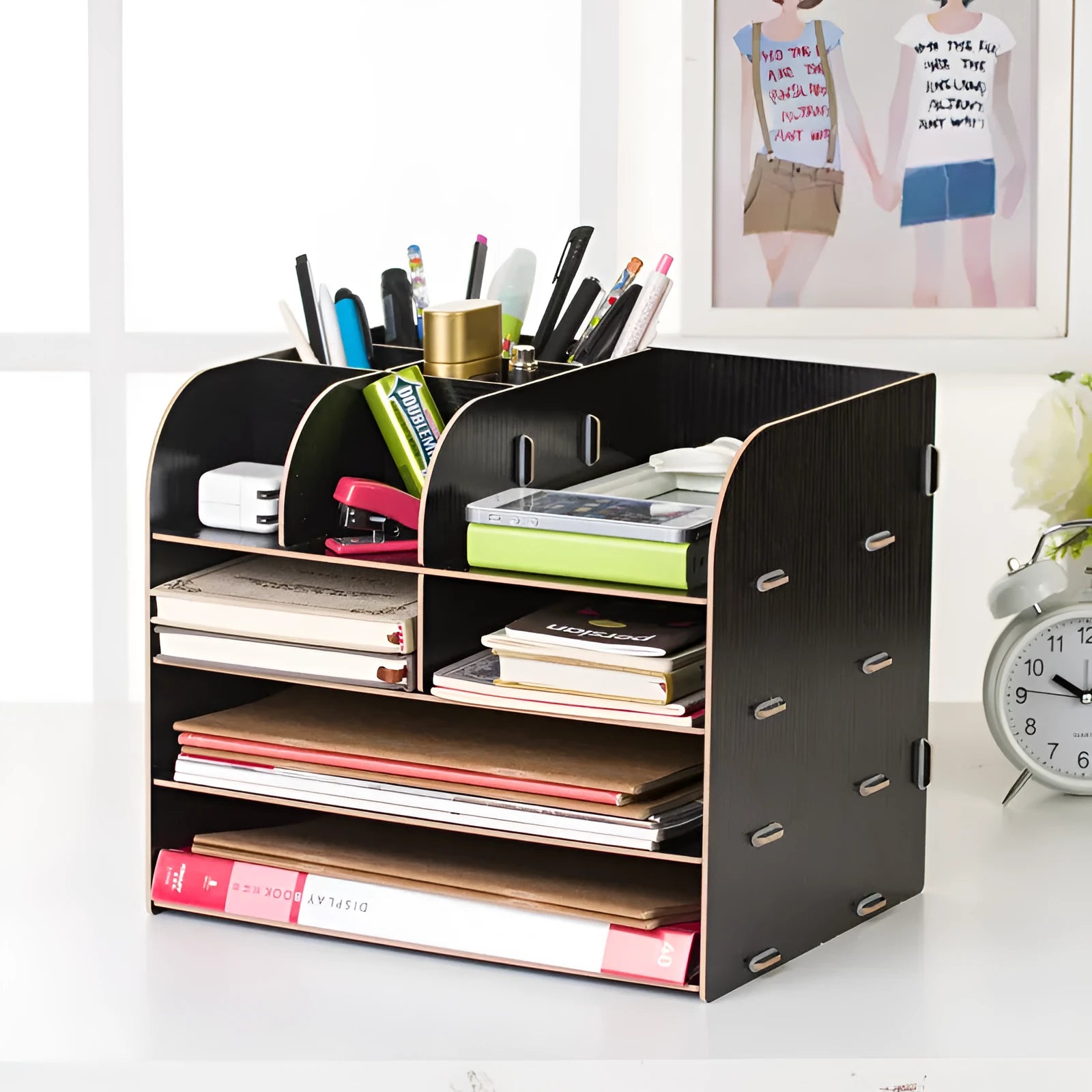 Wooden four-tier desk storage box in Korean style available in five colour options