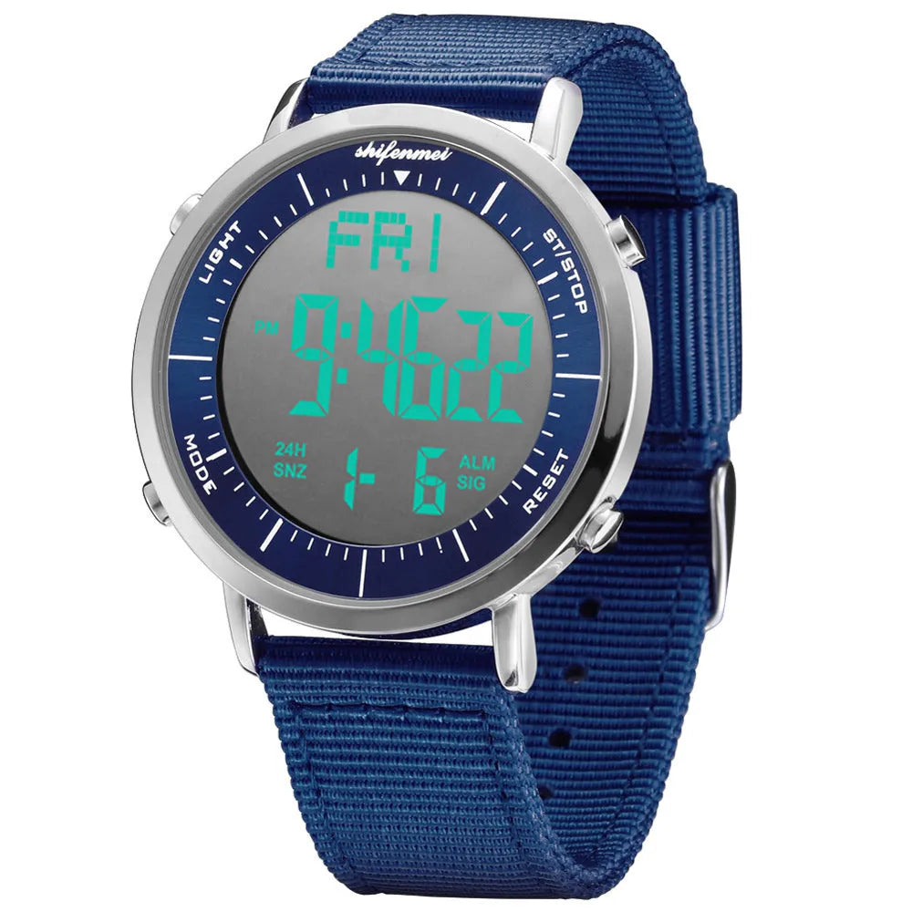 Shifenmei digital waterproof watch with 10m resistance on wrist, casual style display.